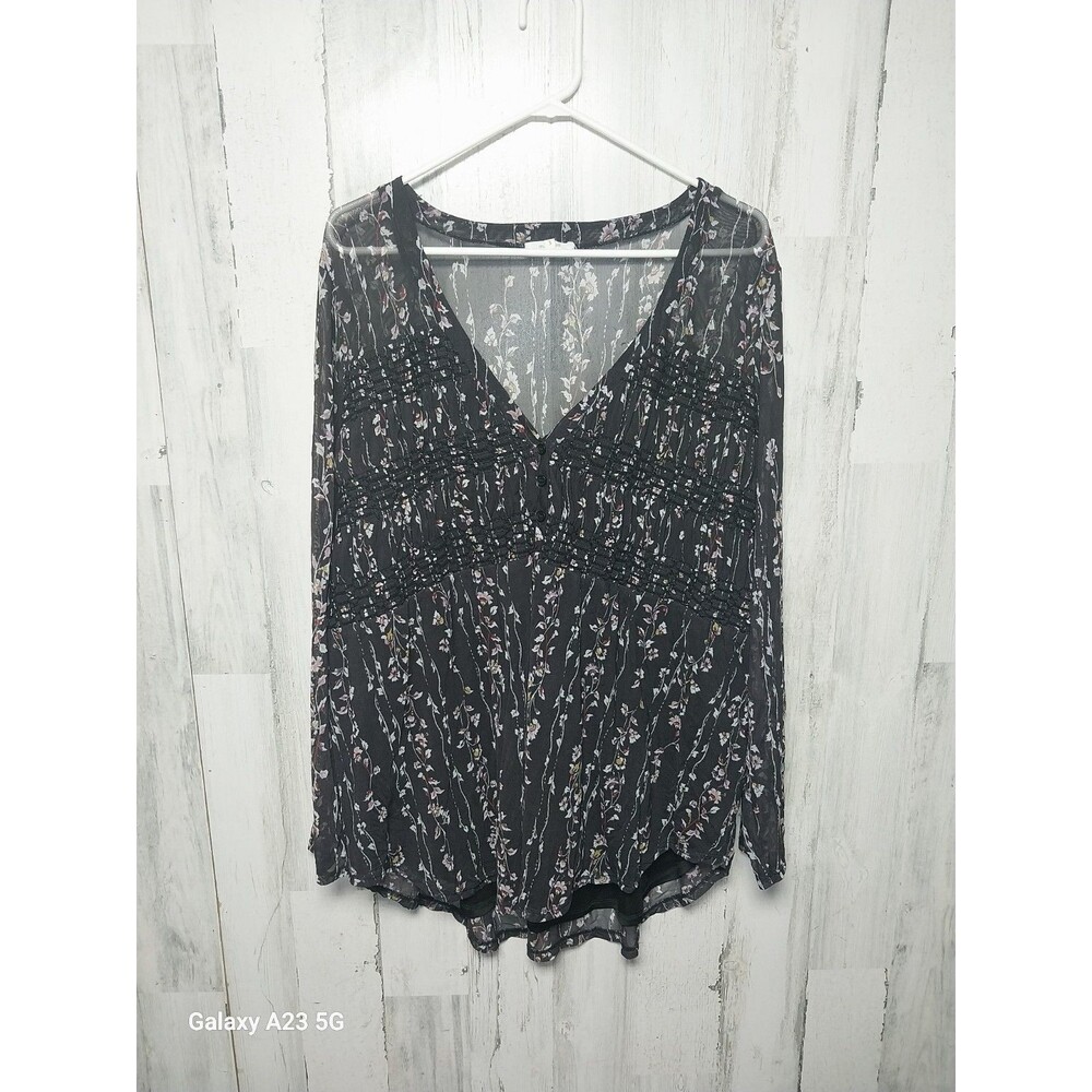 Maurices Womens Blouse Plus Size 3 Black Floral Mesh Top 3X Smocked Lined Button